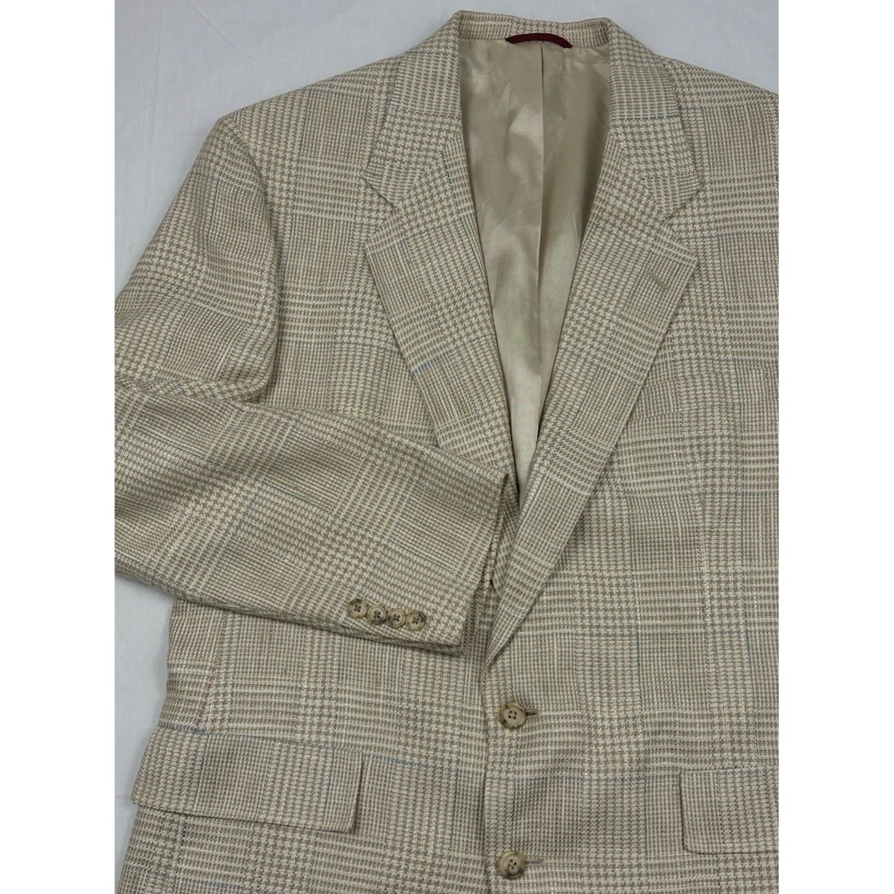 VTG Hart Schaffner Marx 100% Silk Tweed Sport Coat 46L Beige/Ivory Plaid Pastels